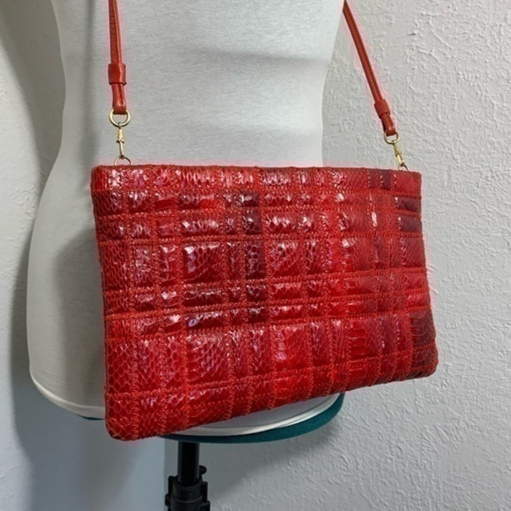 Albi vintage red quilted genuine snakeskin crossbody bag.
